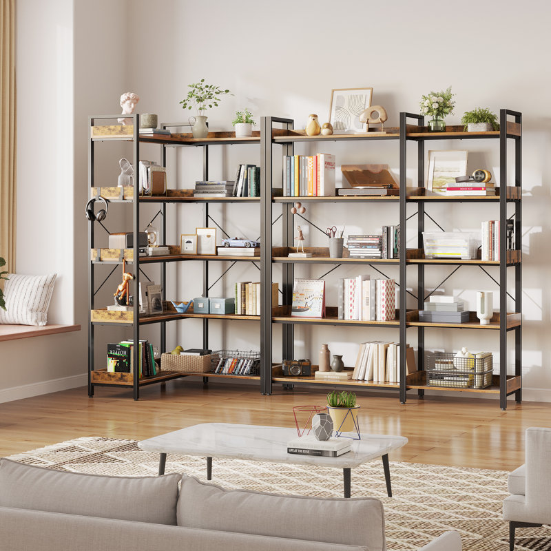 7-Tier Corner Bookshelf, Reversible Wooden Shelves, Industrial Bookcase Open Shelves Sturdy Metal Frame Display Shelf Storage Rack Living Room Bedroom - View #6